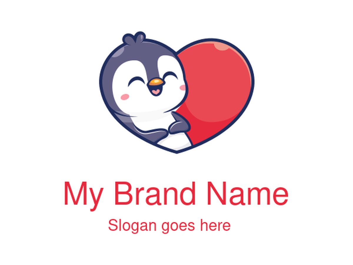 cute cartoon penguin hugging red heart vector logo for love or children-themed brand